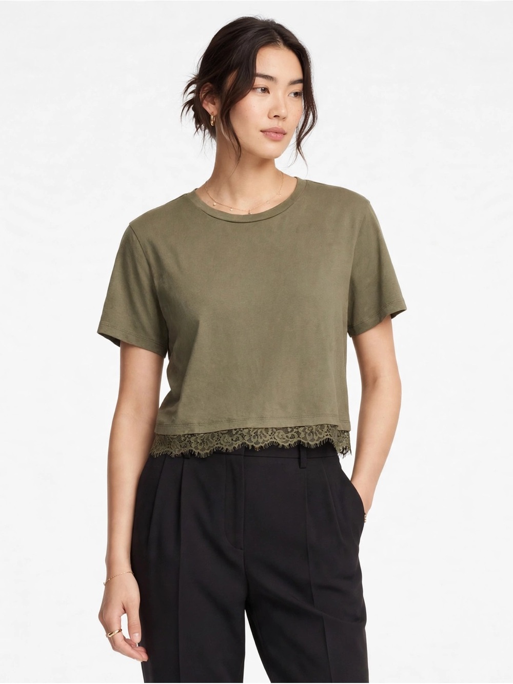 Michael Kors Lace-Hem Cotton Crew-Neck Tee, Fall 2025